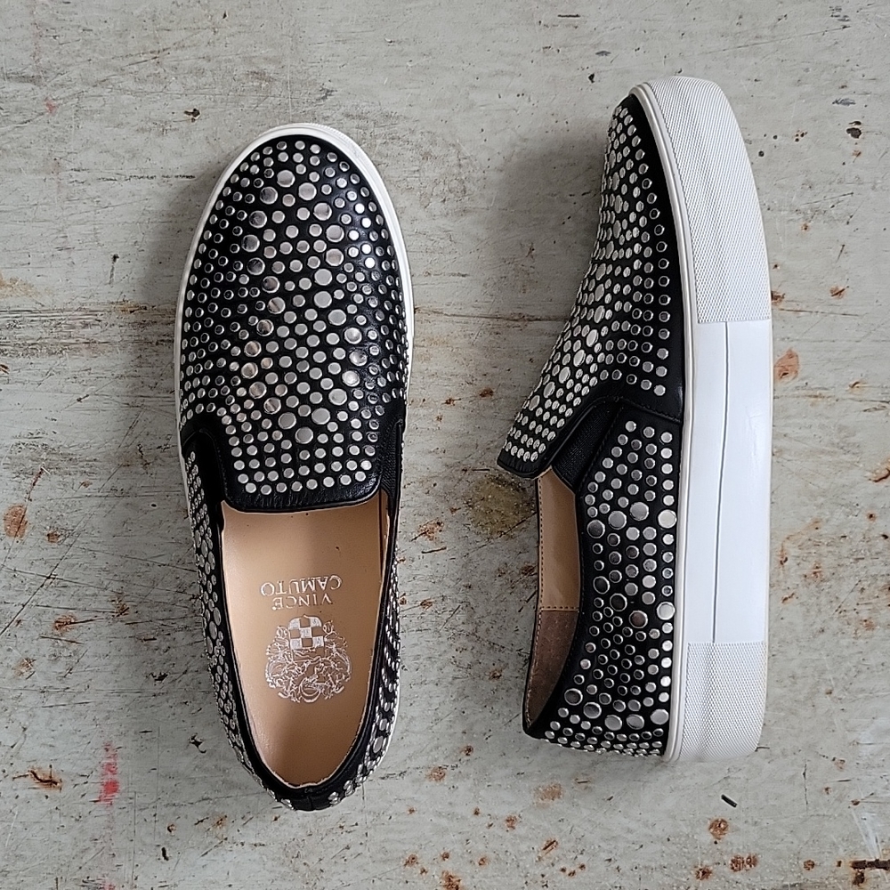 Vince Camuto Studded Black Leather Slip on Kindra Platform Shoes